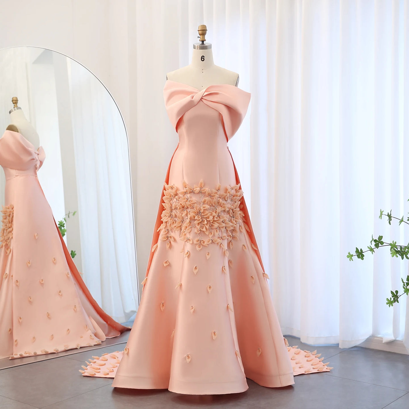 Sharon Said Luxury 3D Flowers Blush Pink Satin Mermaid Evening Dress Off Shoulder Women Wedding Prom Party Gown SS464 Customized