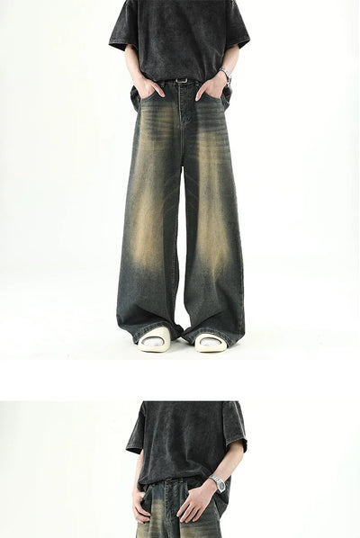 Men Denim Pants Old Blue Washed Male Jeans Straight Casual Menwear Loose Wide Leg Trousers New Fashion Korean High Street Denim