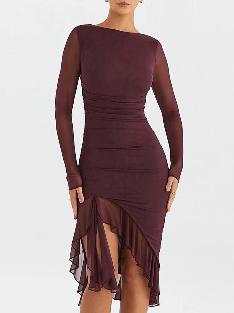 Ruffle Ruched Midi Dress For Women