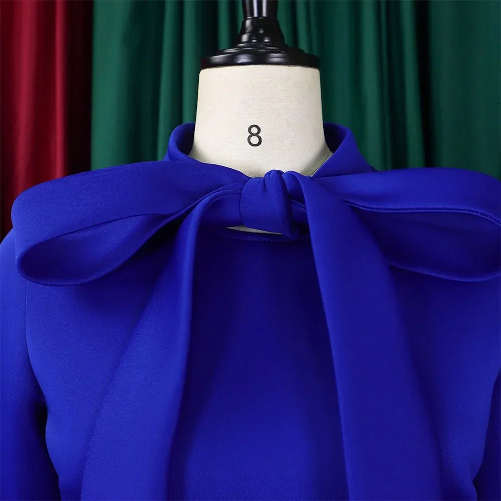 Elegant Dresses for Women Bow Collar Full Sleeve High Waisted Pleated Mid Calf Luxury Birthday Party Dinner Vestidos Mujer Dress