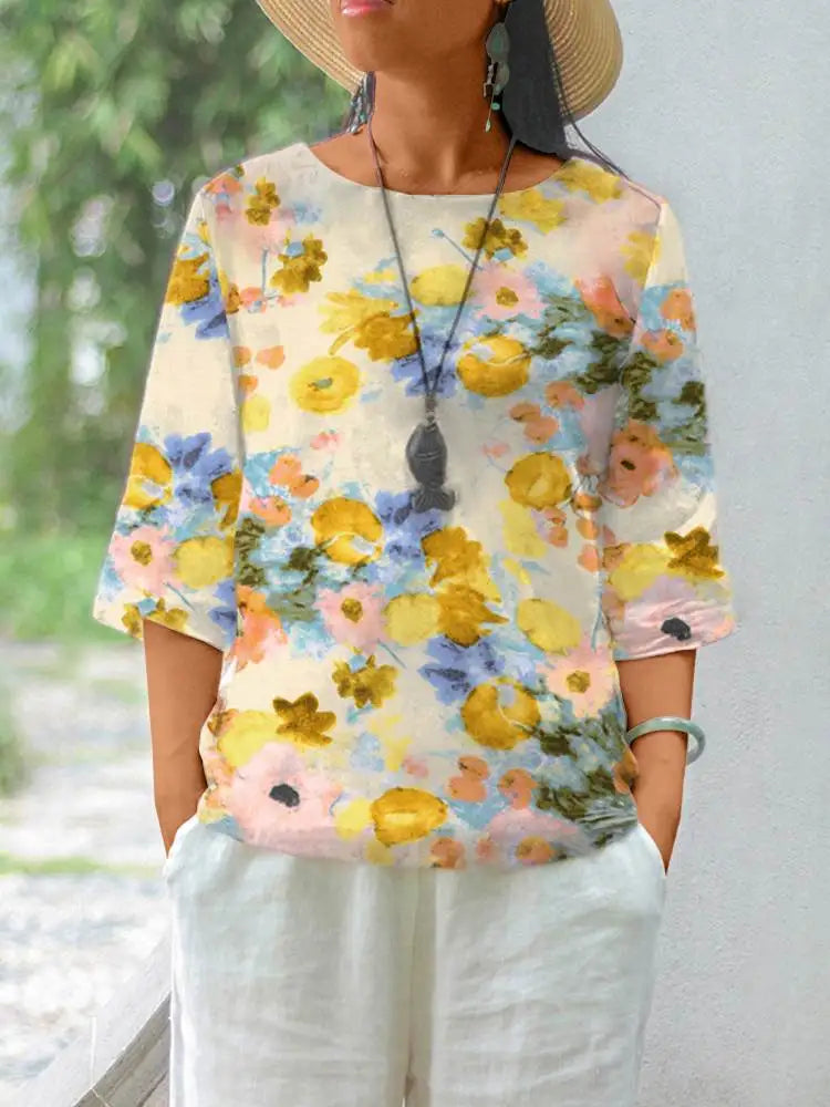 ZANZEA Women Cotton Linen Blouses 2024 Summer Bohemian Floral Printed Blusas Fashion 3/4 Sleeve O-Neck Top Casual Loose Shirts