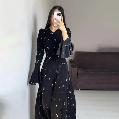 Elegant Dresses for Women Spring Summer New Printing Lotus Leaf Sleeve V Neck Dress Fashionable Slim Fit Women's Evening Dress