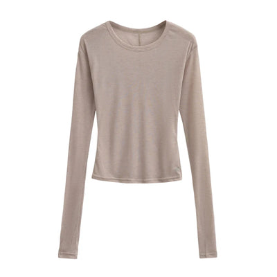 Women Crew Neck Fitted Long Sleeve Semi Sheer T-shirt