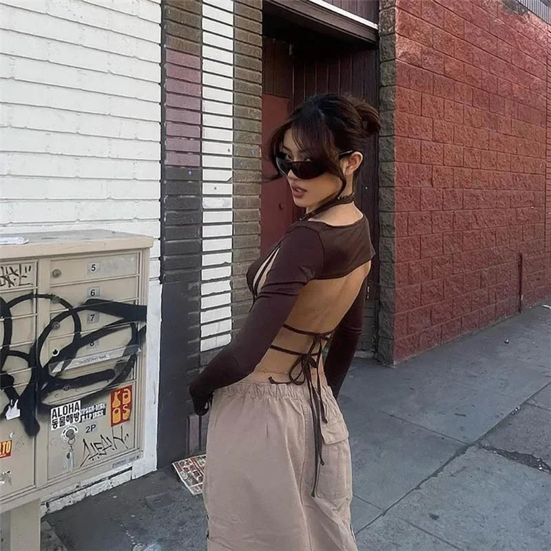 Y2k Streetwear 2 Piece Long Sleeve Halter Crop Top Sexy Trendy Irregular Backless Women T-shirts Aesthetic