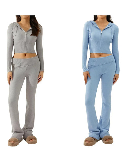 Women Tracksuit  Knit Lounge Set Long Sleeve Zip Up Hoodie with High Waist Wide Leg Pant 2 Piece Sweater Ensemble Casual Set