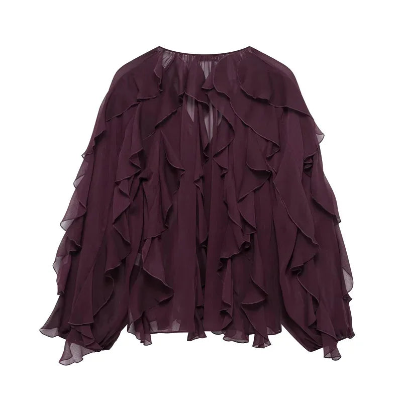 Ruffles Elegant Shirts & Blouses for Women 2025 Long Sleeve Semi-Transparent Tops For Women Spring Shirt And Blouse Top
