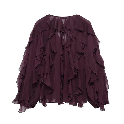 Ruffles Elegant Shirts & Blouses for Women 2025 Long Sleeve Semi-Transparent Tops For Women Spring Shirt And Blouse Top