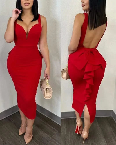 Summer 2025 Vestidos Sexy Party Dresses Women Plunging V-neck Sleeveless Backless Bowknot Ruffles Back Bodycon Midi Dress
