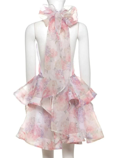 Elegant Floral Short Dress Summer Holiday Outfits Women Layered Party Dresses Sexy Halter Bow Lace-up Ruffled Hem Puffy Dress