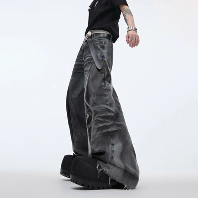 Mens Jeans Pu Leather Stitching Whisker Washed Wilderness Style Casual Pants Streetwear Fashion Personality Trousers Men'S Wear