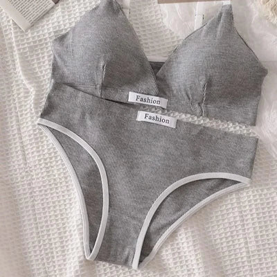 Women Cotton Bra And Panties Set Low Rise Briefs Panties Non-Wire Vneck Bras Sexy Lingerie Push Up Brassiere Female Underwear