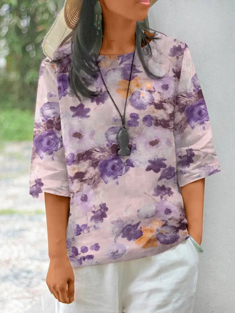 ZANZEA Women Cotton Linen Blouses 2024 Summer Bohemian Floral Printed Blusas Fashion 3/4 Sleeve O-Neck Top Casual Loose Shirts