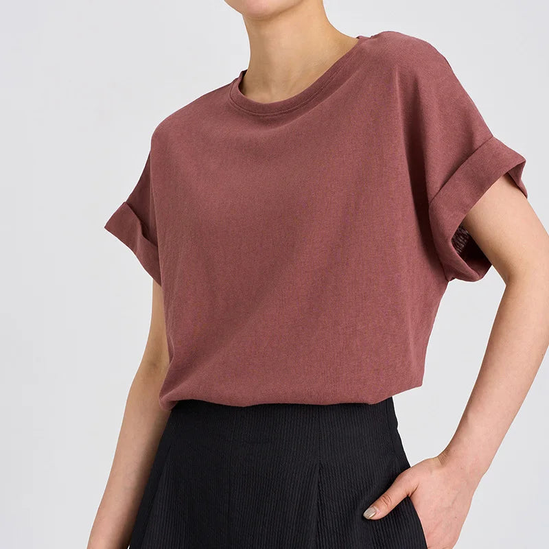 Women T Shirt Short Sleeve Cotton Linen Tops Crew Neck Oversize Dolman Plain Tees Spring Summer