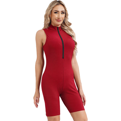 Womens Athletic Tank Bodysuit Sleeveless Front Half Zip Shorts Jumpsuit Leotard Gym Yoga Workout Cycling Sportswear Swimsuit