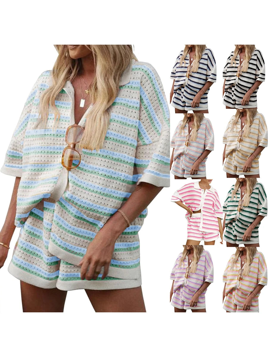 Women Pajamas Set 2 Pieces Loungewear Suits Summer Striped Contrast Color Button Crochet Knit Tops and Shorts Lounge Sets Beach