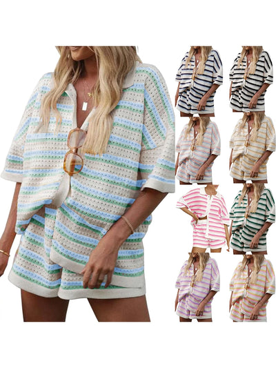Women Pajamas Set 2 Pieces Loungewear Suits Summer Striped Contrast Color Button Crochet Knit Tops and Shorts Lounge Sets Beach