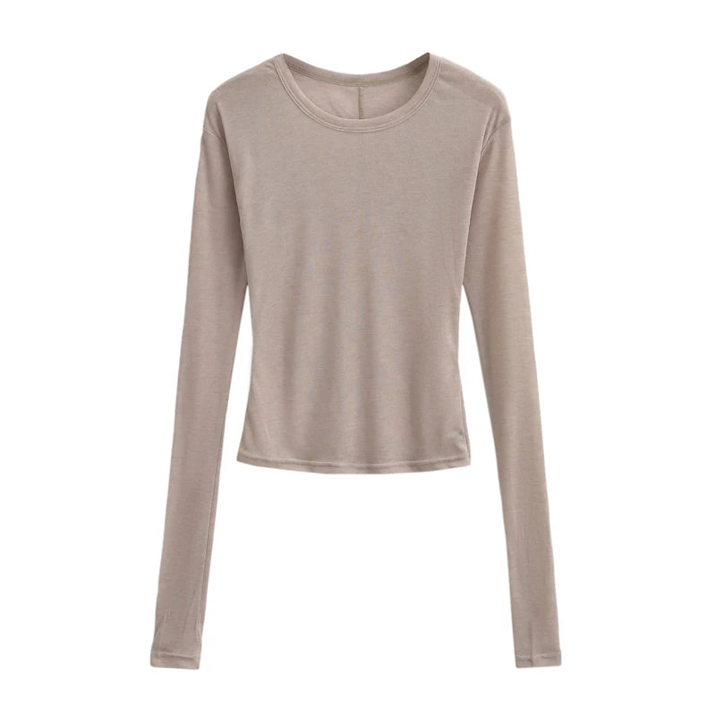 Women Crew Neck Fitted Long Sleeve Semi Sheer T-shirt