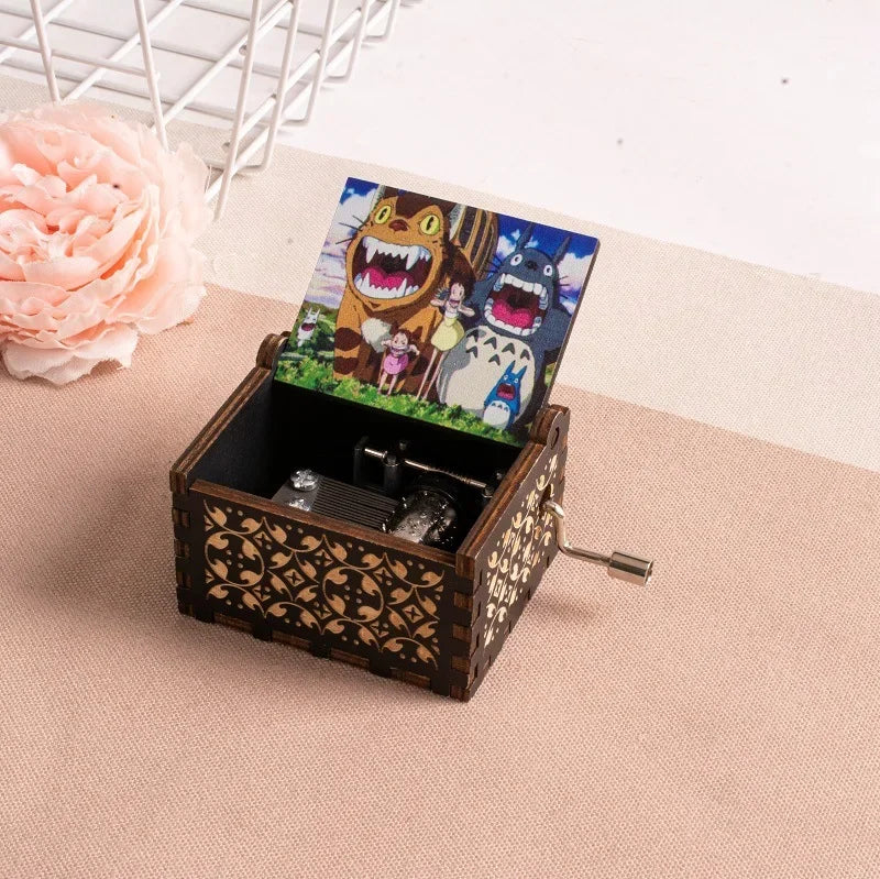 Wooden painted music box, Totoro music gift, ornament, light luxury wooden hand cranked music box