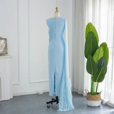 Sharon Said Elegant Light Blue Evening Dresses for Wedding with Feathers Cape Luxury Dubai Formal Party Dress SF289 Customized