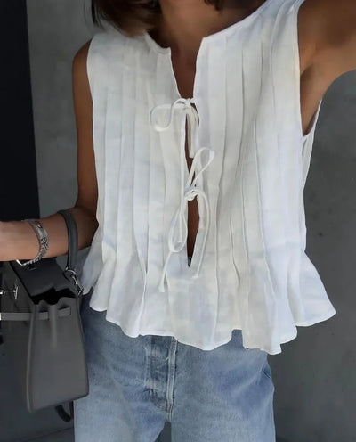 Fashion Bow Lace Up Shirts Women Cotton Linen Hollow Out Sleeveless Pleated Blouses Woman 2025 Summer New Casual Lady White Tops