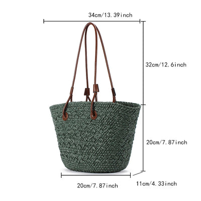 Designer Bohemian Chic Shoulder Bag,Solid Color Large Capacity Straw Woven Tote Bag,Nature-Inspired Beach Vacation Women Handbag
