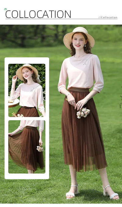 I BELIEVE YOU T-shirts for Women 2024 Autumn New Graphic Gentle Embroidery Three Quarter Sleeve Chic Base Clothing 2243015764