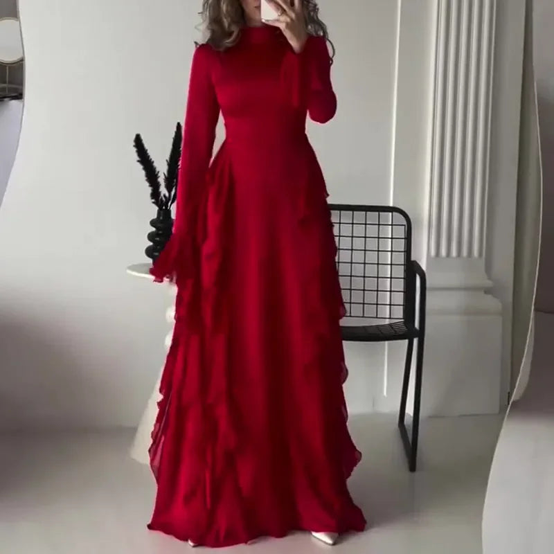 Muslim Women Flare Sleeve Evening Dress Jalabiya Eid Ramadan Arab Long Robe Dubai Ruffle Vestidos Largos Party Dresses Abayas