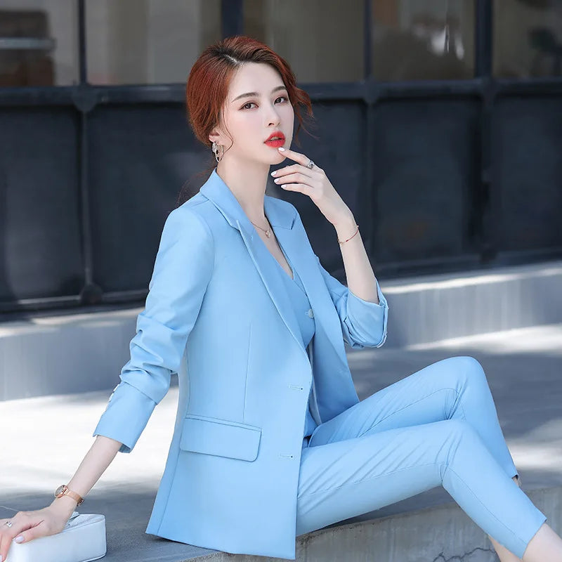 Sets for Women 3 Pieces Autumn Fashion Peak Lapel Long Sleeve Blazer Vest & Elegant High Waist Work Pants Set Daily Office Lady