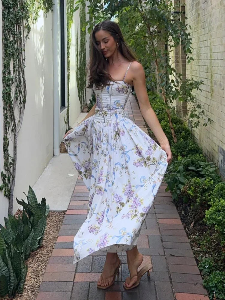 Elegant Women Summer Dresses Floral Printing Strap Backless Sleeveless High Waist Pleated A-line Party Vestidos Chic lady outfit