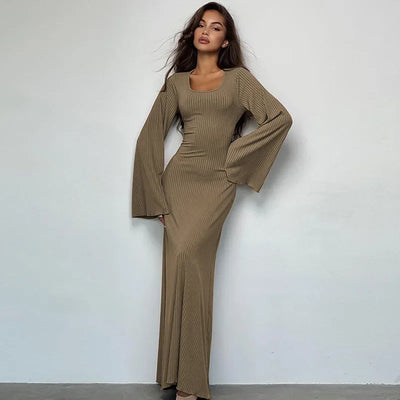 Long Flare Sleeved Maxi Floor-Length Dress Summer Solid Fashion Casual Office Lady Dresses for Women Slim Sexy Lace-up Vestidos