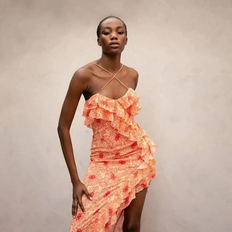 Summer Women Floral Print Party Dress Elegant New Fashion Strap V Neck High Waist Halter Corset Ruffle Evening Long Dress Robe