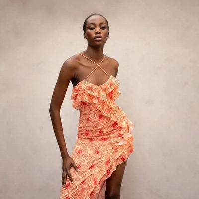Summer Women Floral Print Party Dress Elegant New Fashion Strap V Neck High Waist Halter Corset Ruffle Evening Long Dress Robe