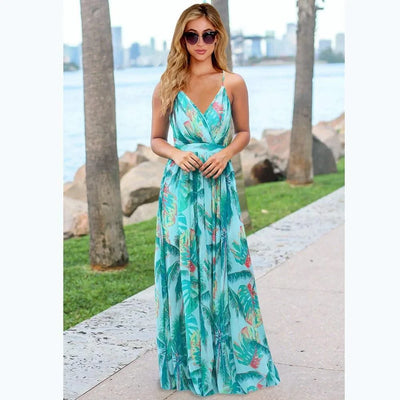 Floral Dress Women's Summer Dress Sexy Backless V-neck Suspender Long Dress