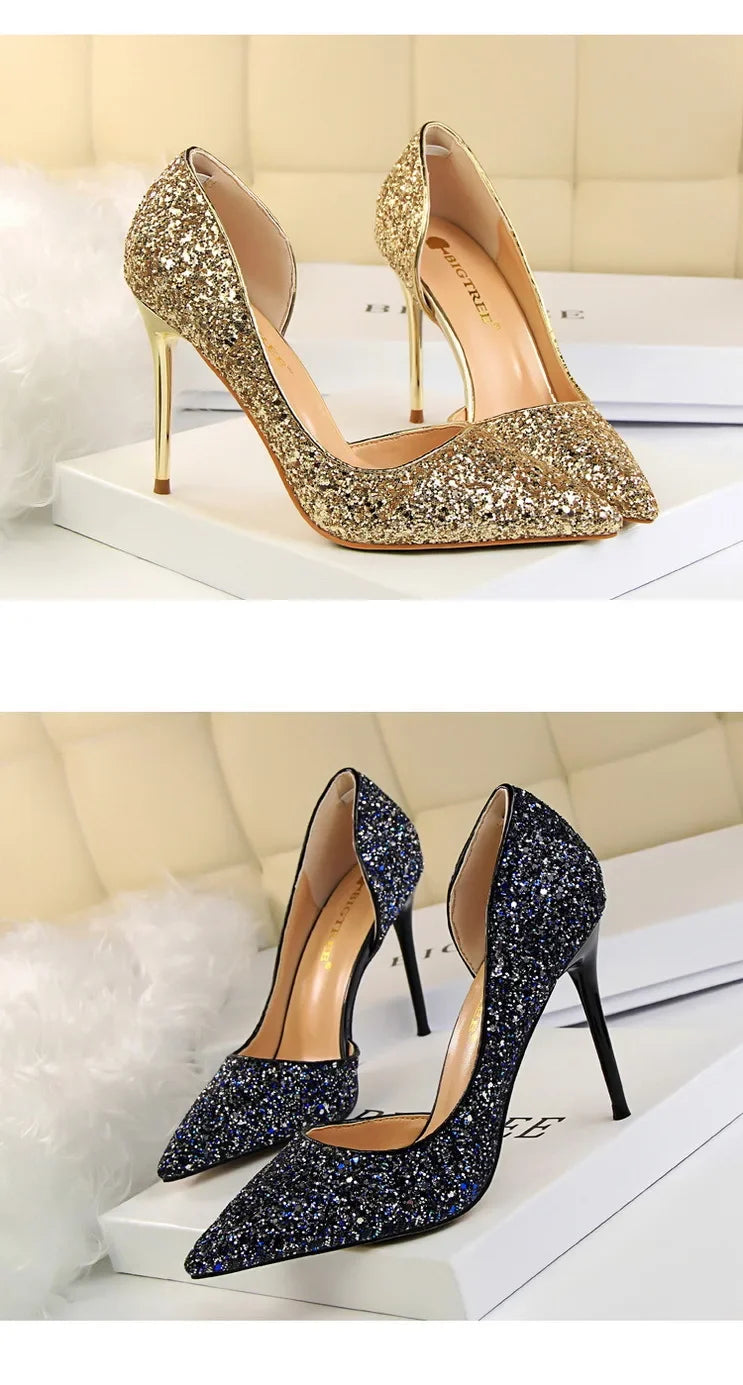 BIGTREE Shoes Champagne Women Pumps Sequin Wedding Shoes Stiletto High Heels Women Shoes Luxury Party Shoes Pumps Plus Size 43
