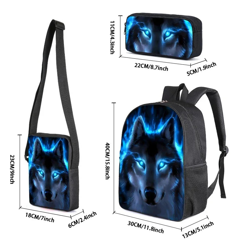 Wolf 3Pcs/Set Child Backpack with Messenger Bags ,Pencil Bags,School Bags For Boy/Girls Best Gift 3D Cartoon Student School Bags