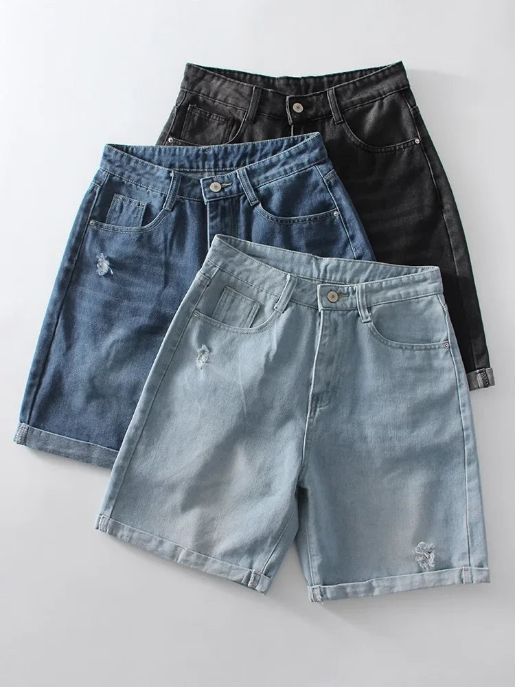Women Denim Shorts Ripped Wide Leg Black High Waist Short Jeans Straight Leg Blue Denim Shorts For Women Summer Jean Shorts