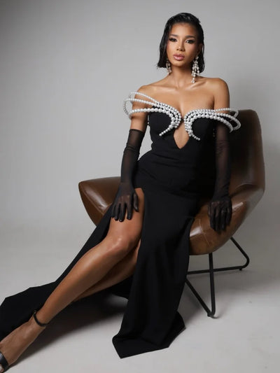 Women's Elegant Black Off-Shoulder Evening Dresses with Pearl Embellishment and High Slit for Formal Events & Weddings Vestidos