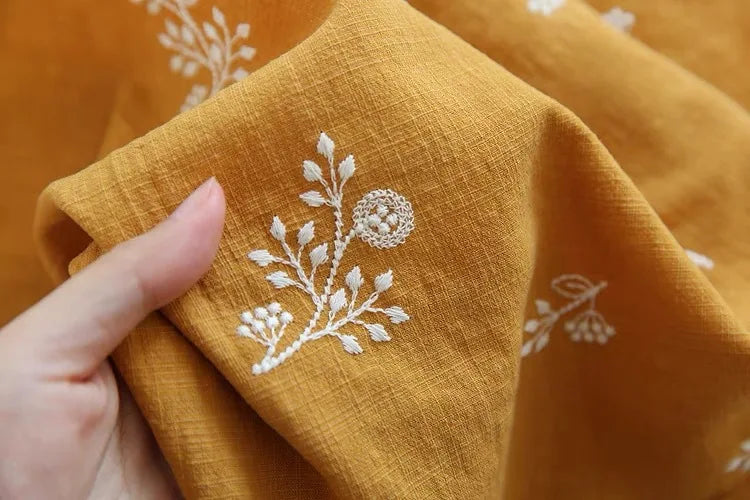 140x50cm Embroidered Slub Cotton Linen Fabric Clothing Sewing Fabric, Diy Women's Dress Forest Flower Cloth