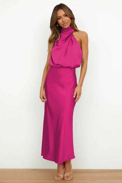 2025 Spring/Summer Long Dress for Women High Waist Halter Satin Sleeveless Dress Fashion Elegant Solid Evening Party Dresses