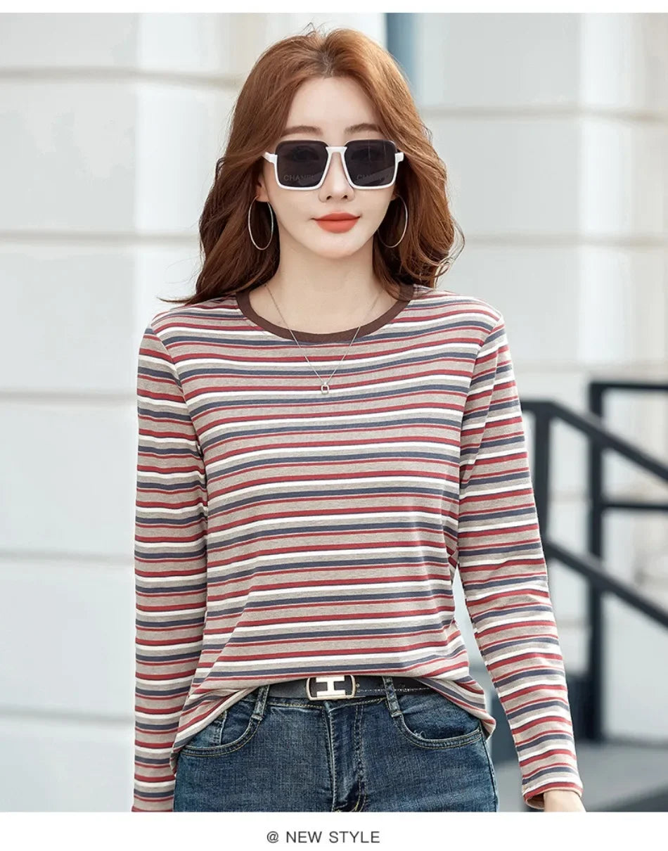 2024 New Women Clothing Crew Neck Striped Bottom Shirt Spring and Autumn Long Sleeve Tops T-Shirt Loose Interior Casual Top