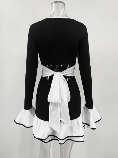 Ruffle Mini Dress for Women V Neck Bodycon Long Sleeve Short Dresses Femme Backless Bow Bandage Elegant Patchwork Dress