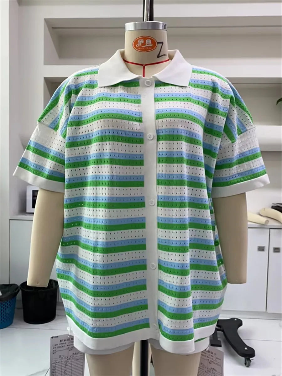 Women Pajamas Set 2 Pieces Loungewear Suits Summer Striped Contrast Color Button Crochet Knit Tops and Shorts Lounge Sets Beach