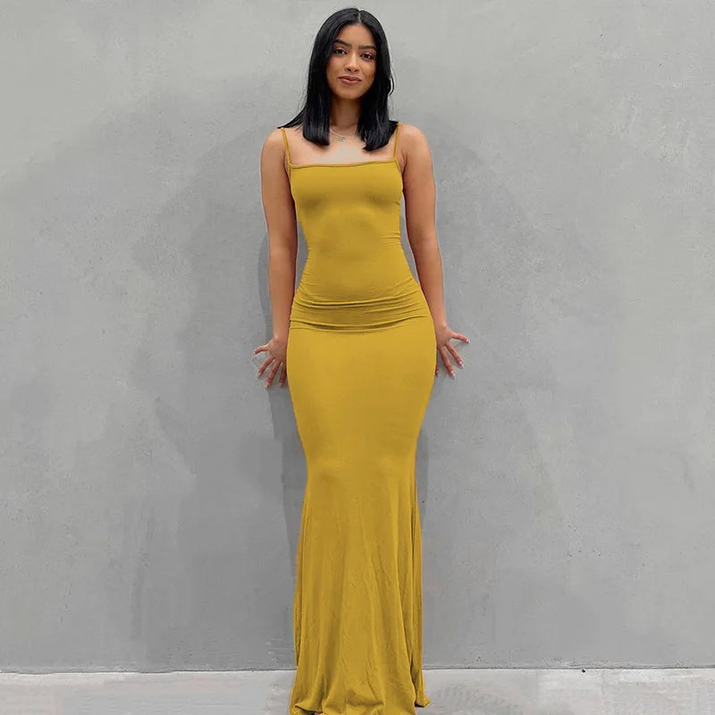 Women Backless Sexy Maxi Dress 2025 Spring Satin Slip Sleeveless Slim Party Concise Платье Female Bodycon Dress Elegant Clothing