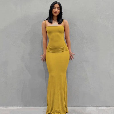 Women Backless Sexy Maxi Dress 2025 Spring Satin Slip Sleeveless Slim Party Concise Платье Female Bodycon Dress Elegant Clothing