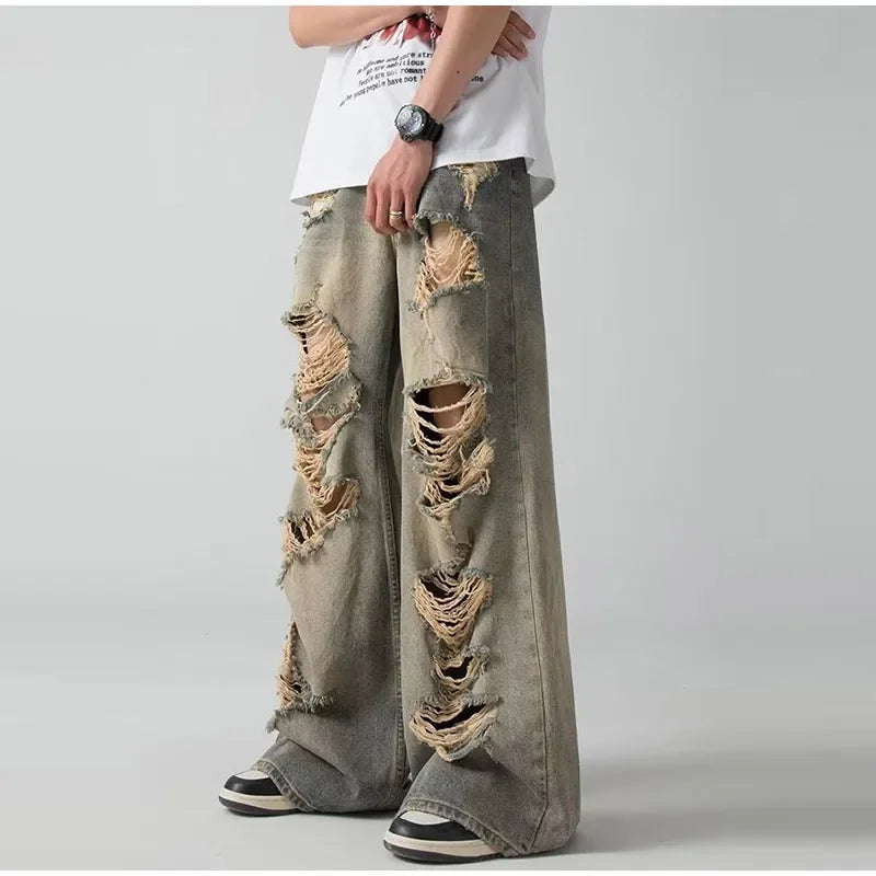 Holes Ripped Jeans Pants for Man Breathable High Street Men's Denim Pants New Trendy Hole Male Summer Brand Designer Pant 2025