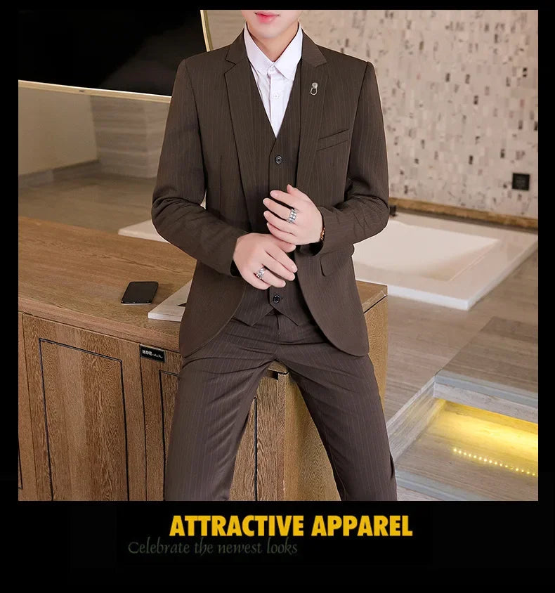 Suit (Blazer+ Vest + Trousers +) Men's Fashionable Business Solid color Gentleman's Wedding Workwear Casual Performance Suit