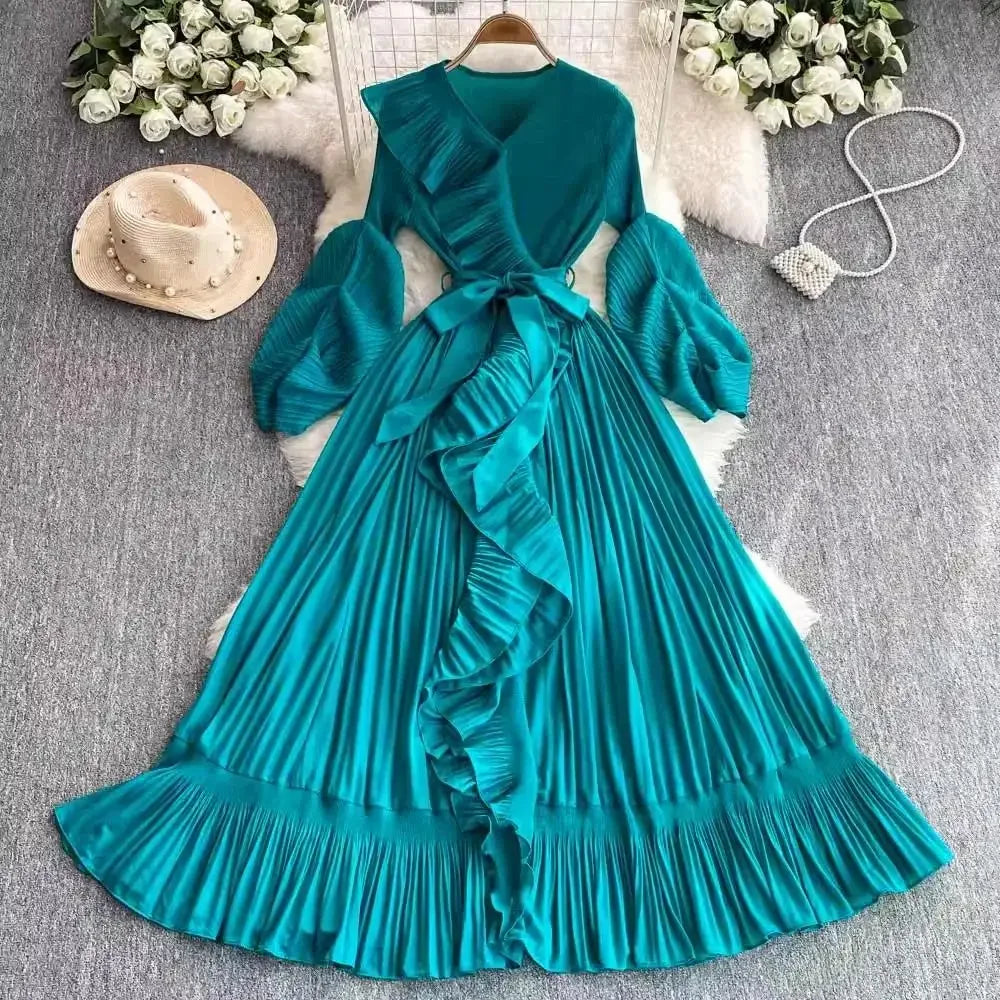 Women's V Neck Ruffles Splice Lantern Sleeve High Stretch Oversized Dresses Miyake Maxi Pleated 2025 Spring Long Party Clothing
