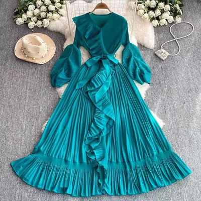 Women's V Neck Ruffles Splice Lantern Sleeve High Stretch Oversized Dresses Miyake Maxi Pleated 2025 Spring Long Party Clothing