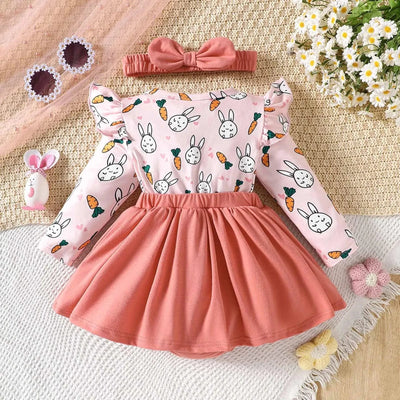 Long Sleeve Cartoon Cute Pink Rabbit Bodysuit Rompers for Newborn Baby Girl |My First Easter Baby Clothes