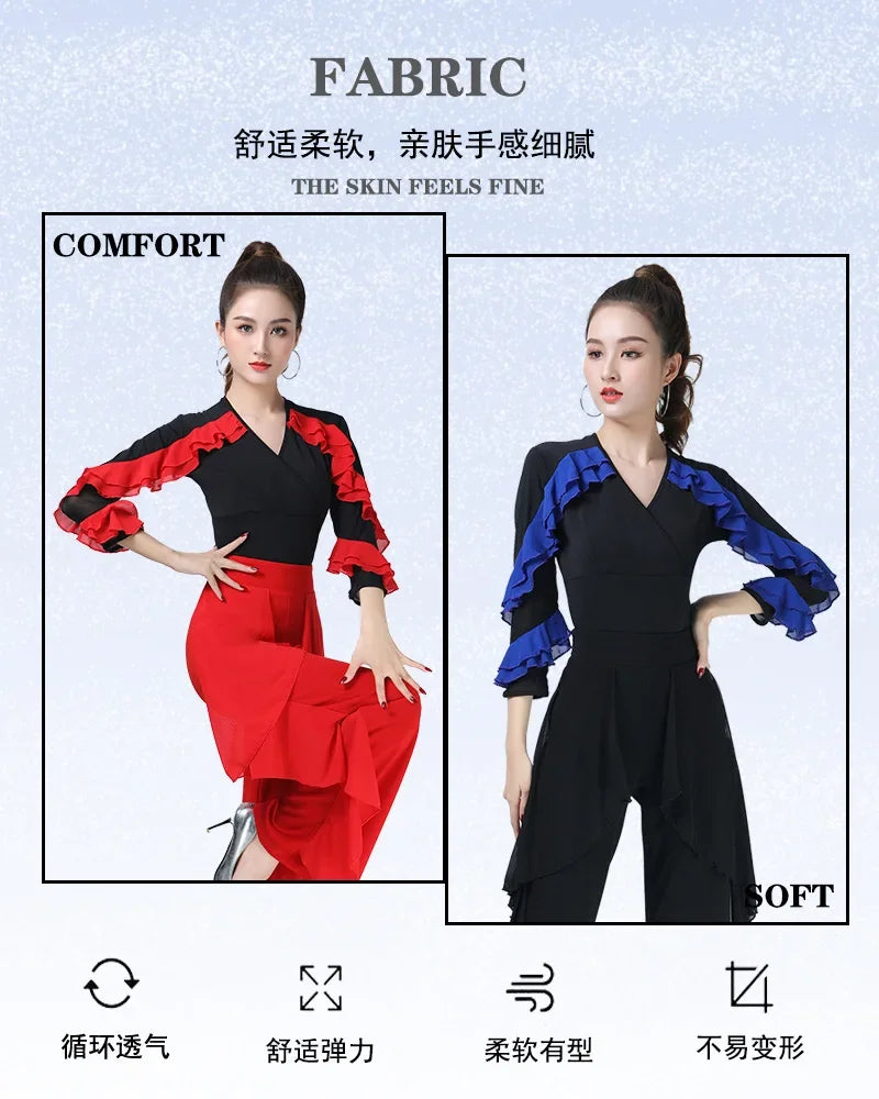 Women Dance Wear Latin V Neck Tops Line Dance Costume New Product Long Sleeve Ballroom Waltz Professional Competition Samba Tops